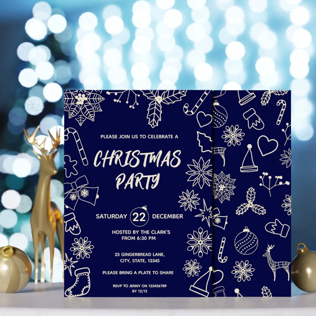 Minimalistisch Dark Blue und Gold Elegantes Xmas P Einladung (Minimalist Dark Blue and Gold Elegant Xmas Party Invitation)