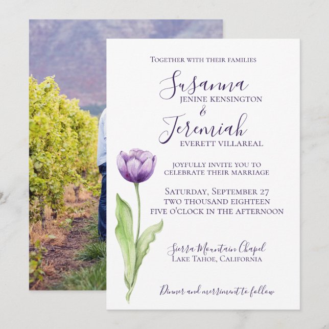 Minimalistisch Deep Lila Single Tulip Wedding Foto Einladung (Vorne/Hinten)