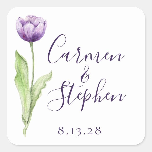Minimalistisch Deep Lila Single Tulip Wedding Quadratischer Aufkleber (Vorderseite)