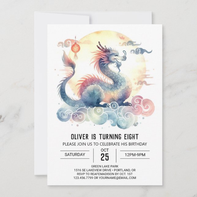 Minimalistisch Dragon Birthday Printable Einladung (Vorderseite)