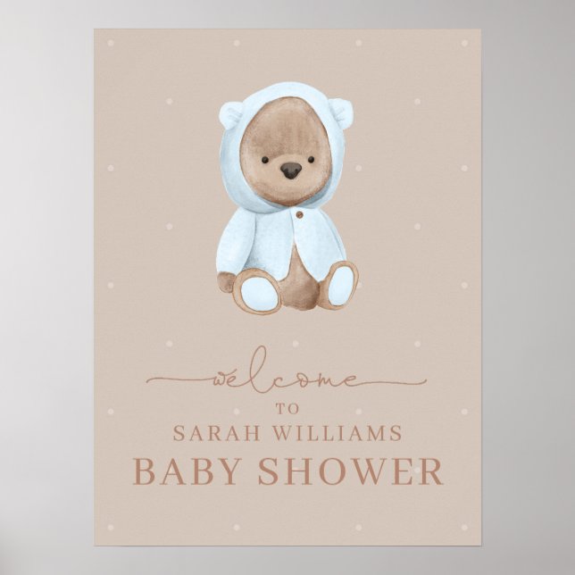 Minimalistisch Dusty Blue Bearly Wait Baby Dusche Poster (Vorne)