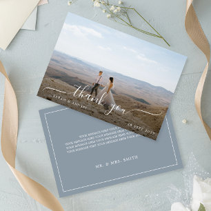 Minimalistisch Dusty Blue Calligraphy Foto Wedding Dankeskarte