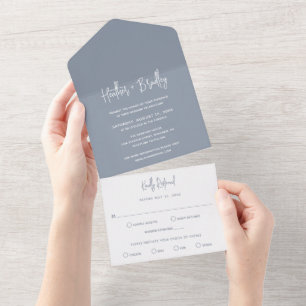 Minimalistisch Dusty Blue Modern Wedding All In One Einladung