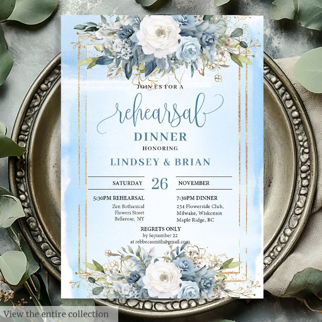 Minimalistisch Dusty Blue Peony Wedding Probe Card Einladung (Minimalist Dusty Blue Peony Wedding Rehearsal Card)