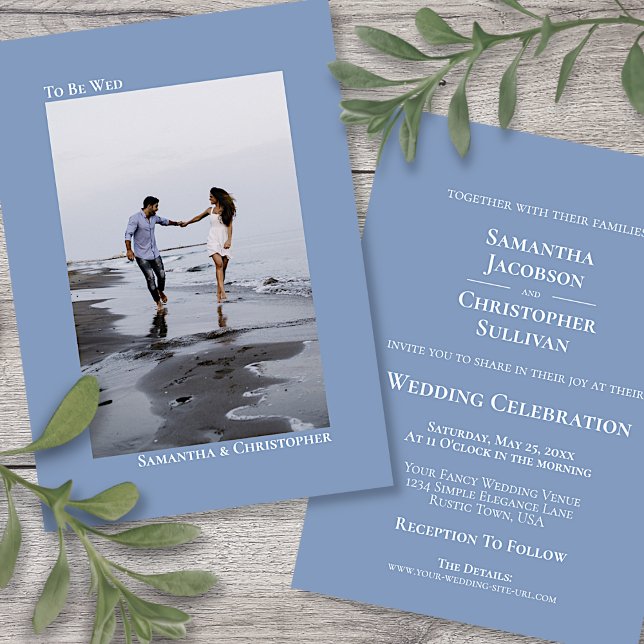 Minimalistisch Dusty Blue Vertical Foto Wedding Einladung (Front and Back)