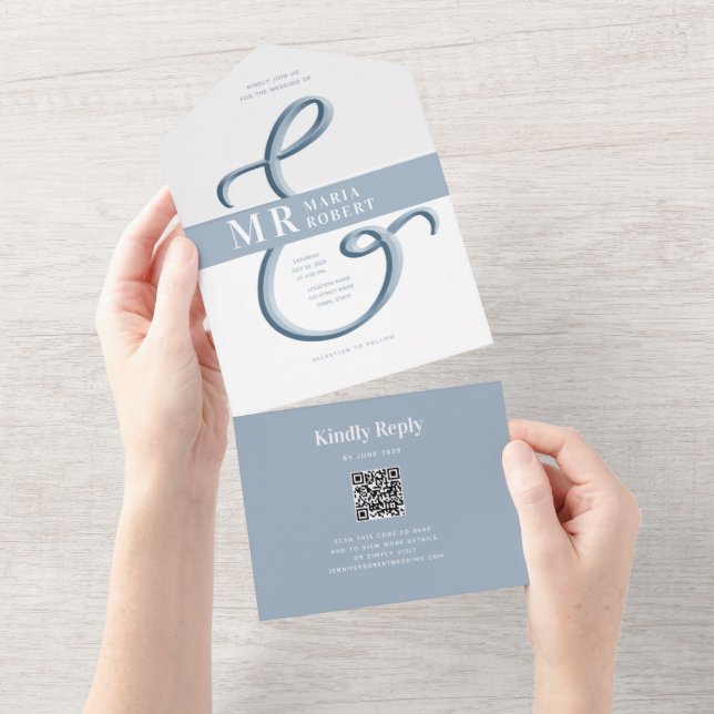 Minimalistisch Dusty Blue Wedding All In One Einladung (Abreißen)