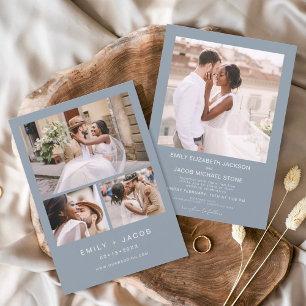 Minimalistisch Dusty Blue Wedding Vier Foto Einladung