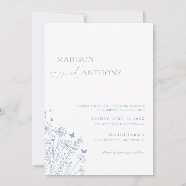 Minimalistisch Dusty Blue Wildblume Wedding Einladung (Vorderseite)