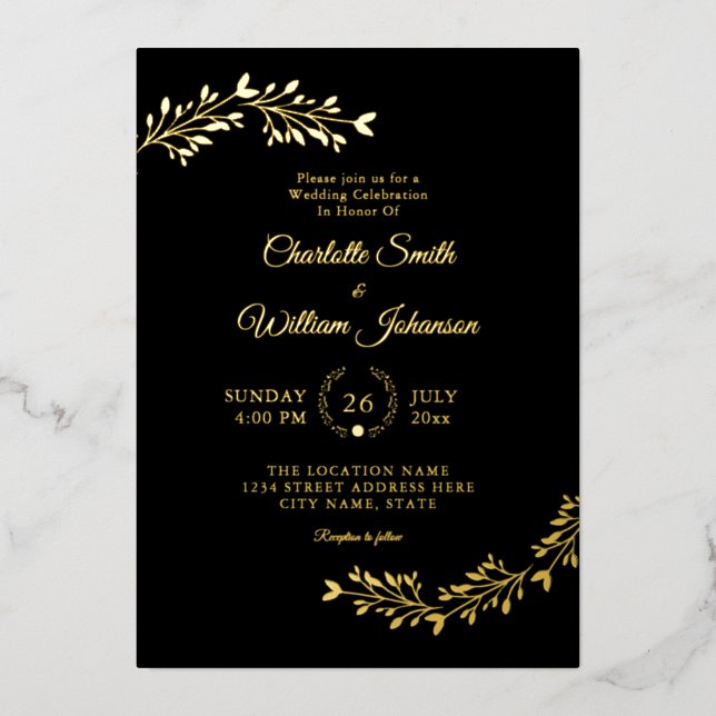 Minimalistisch Elegant Simple Black Gold Floral Folieneinladung (Vorderseite)