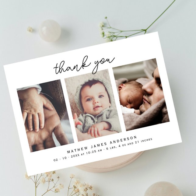 Minimalistisch Elegante 3 Fotos Danke Baby Dusche (Minimalist Elegant Script 3 Photo New Baby Announcement Baby Shower Thank You Card)