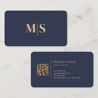 Minimalistisch elegante dunkelblaue Initialen QR-C Visitenkarte