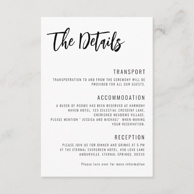 💍 Minimalistisch Elegante Hochzeitsdetails Begleitkarte (Vorderseite)