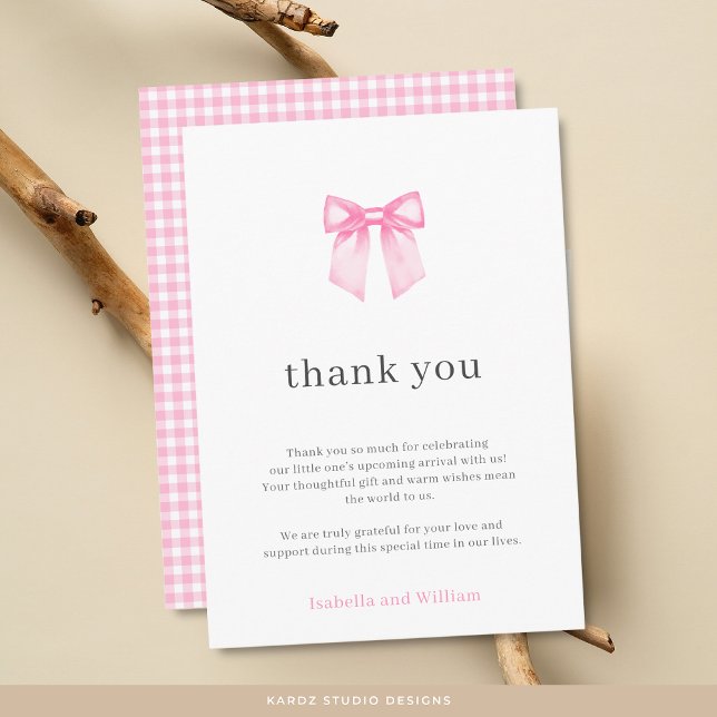 Minimalistisch elegante Pink Bow Babyduschkarte Dankeskarte (Front and back of card is shown in 3.5x5 inches. Personalize and choose paper and corner style.)