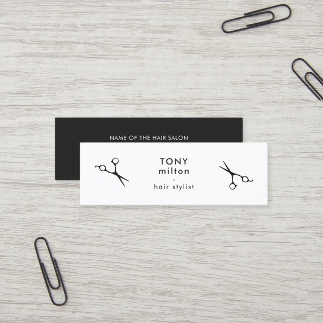 Minimalistisch Elegante Schwarz-weiße Haarstylisti Mini Visitenkarte (Vorderseite/Rückseite Beispiel)