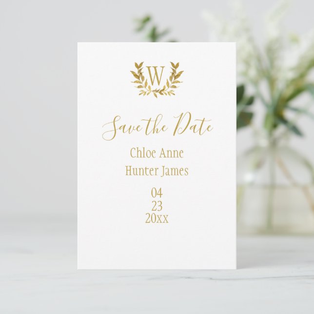 Minimalistisch: elegantes weißes Gold-Leaf-Monogra Save The Date (Stehend Vorderseite)