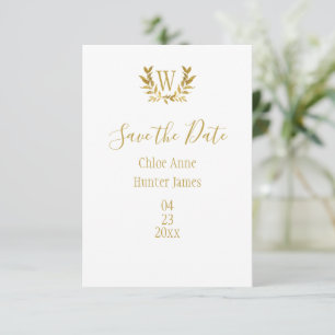 Minimalistisch: elegantes weißes Gold-Leaf-Monogra Save The Date