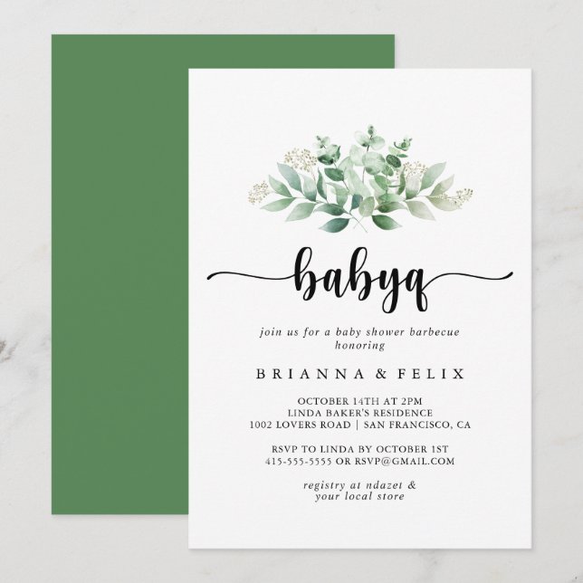 Minimalistisch Eucalyptus BabyQ Baby Duschgrill Einladung (Vorne/Hinten)