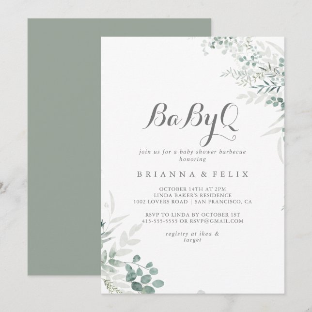 Minimalistisch Eucalyptus BabyQ Baby Duschgrill Einladung (Vorne/Hinten)