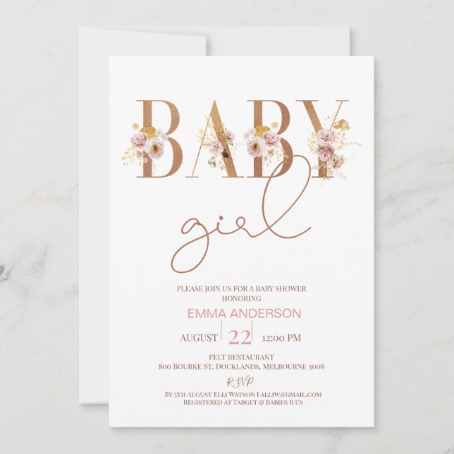 Minimalistisch Floral Word Baby Girl Babydusche Einladung (Vorderseite)