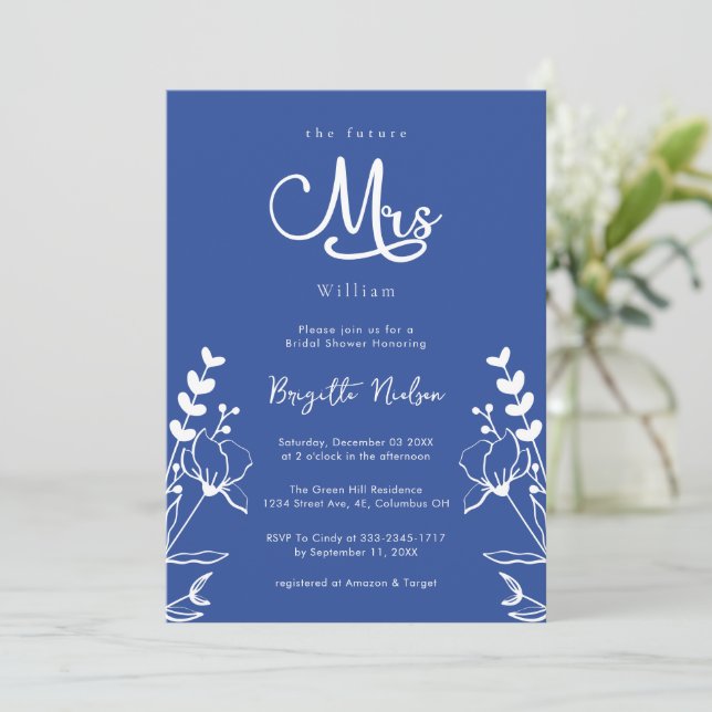 Minimalistisch Florals Modernes Delft Blue Brautpa Einladung (Stehend Vorderseite)