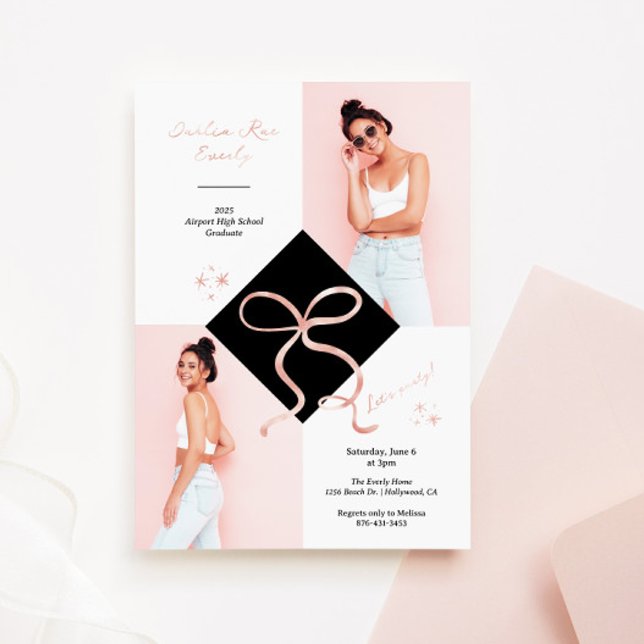 Minimalistisch Foil Bow Abschluss Foto Folieneinladung (Feminine Grad Cap and Foil Bow Graduation Invitation)