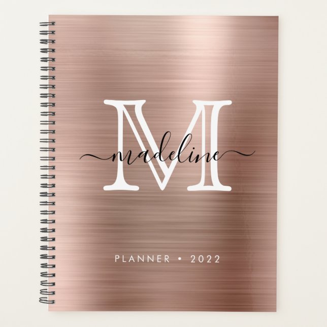 Minimalistisch gebürstetes Metall Rose Gold Modern Planer (Vorderseite)