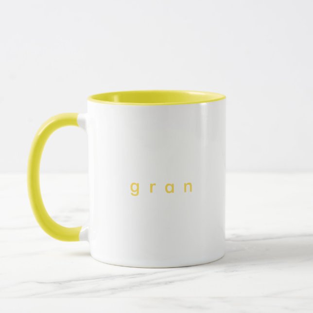 Minimalistisch-gelber Text-Gran weiß Tasse (Links)