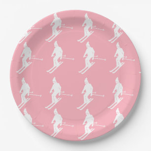 Minimalistisch geometrische Skifahrer Winter Pink  Pappteller