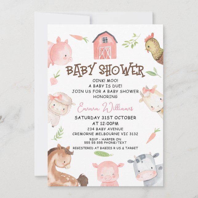 Minimalistisch Girls Farm Themed Baby Dusche Einladung (Vorderseite)