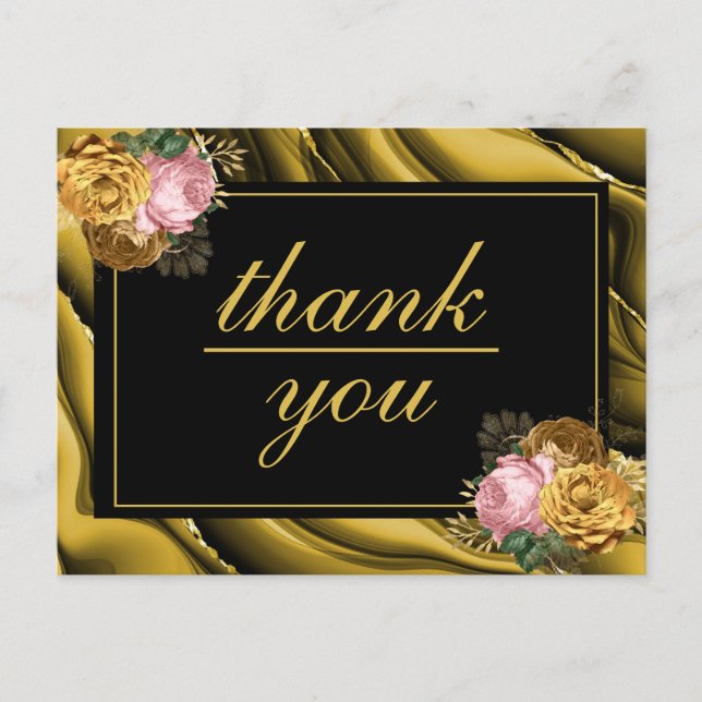 Minimalistisch Gold Black Floral Wedding Vielen Da Postkarte (Vorderseite)