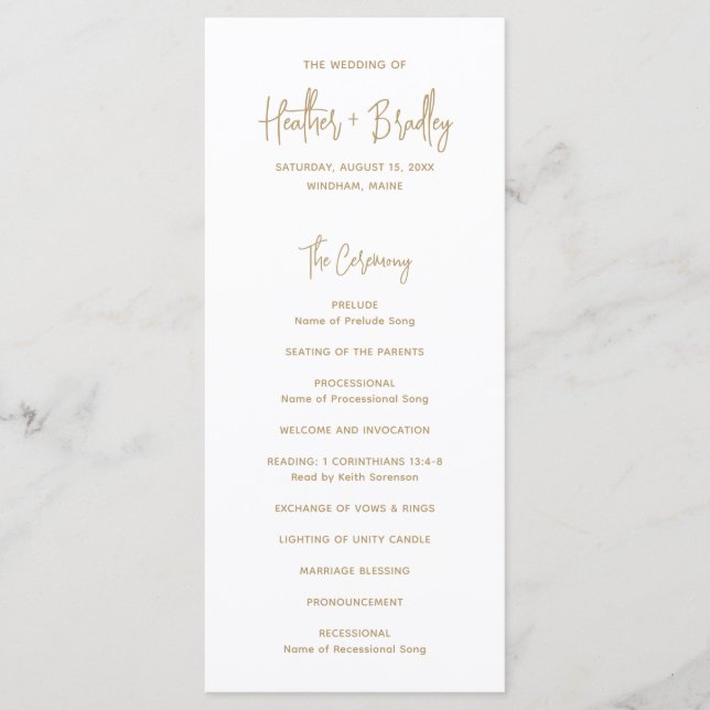 Minimalistisch Gold Moderne Hochzeit Programm (Vorderseite)