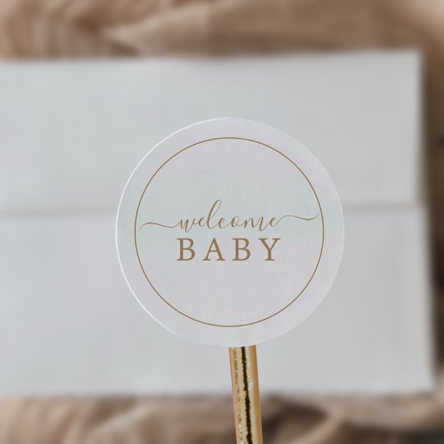 Minimalistisch Gold Welcome Baby Shocksticker Runder Aufkleber (Von Creator hochgeladen)