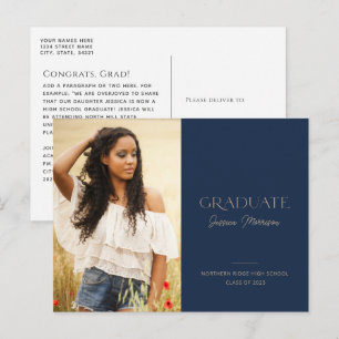 Minimalistisch Graduate Navy Blue 1-Foto-Abschluss Postkarte
