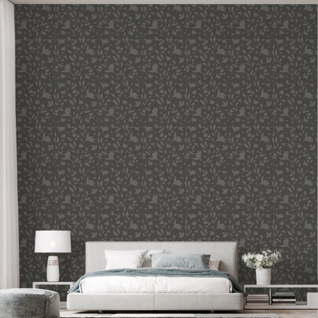 Minimalistisch Grau Blütenblume botanische Silhoue Tapete (Schlafzimmer)