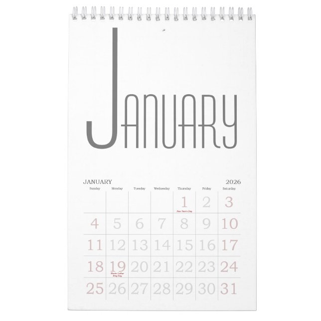 Minimalistisch Grau und Weiß Kalender (Jan 2026)