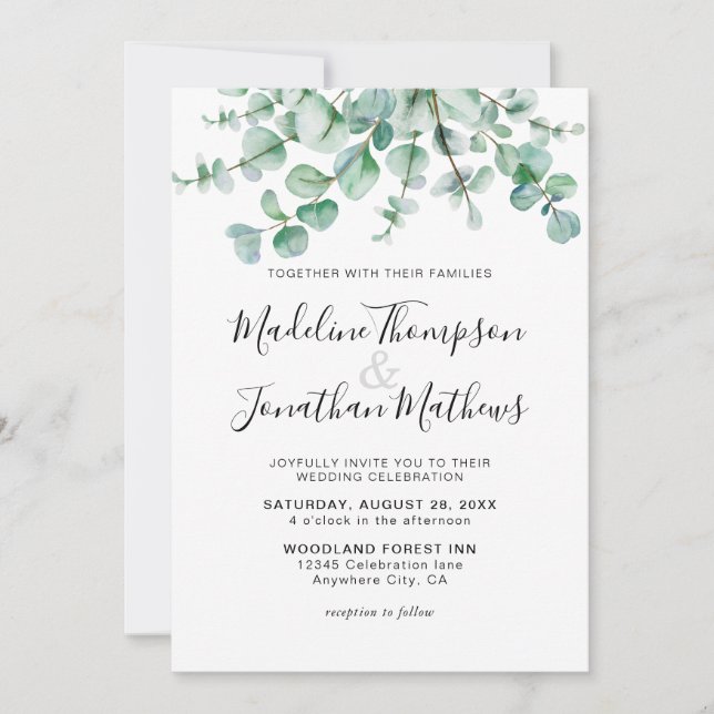 Minimalistisch Greenery Bloral Eucalyptus Wedding Einladung (Vorderseite)