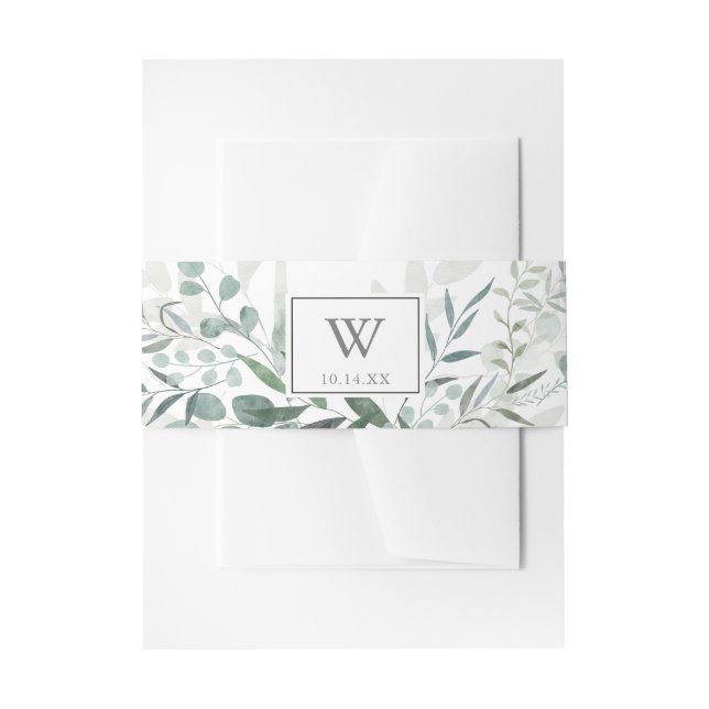 Minimalistisch Greenery Eucalyptus Monogram Weddin Einladungsbanderole (Vorderseite Beispiel)