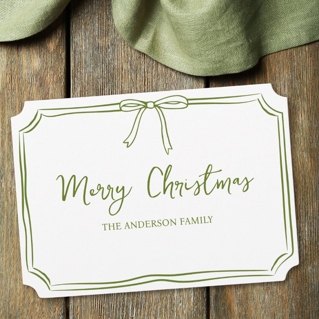 Minimalistisch Grün & Weiß Bow Niedlich Frohe Weih Karte (Celebrate in style with this elegant green Christmas card, perfect for a timeless holiday greeting.)