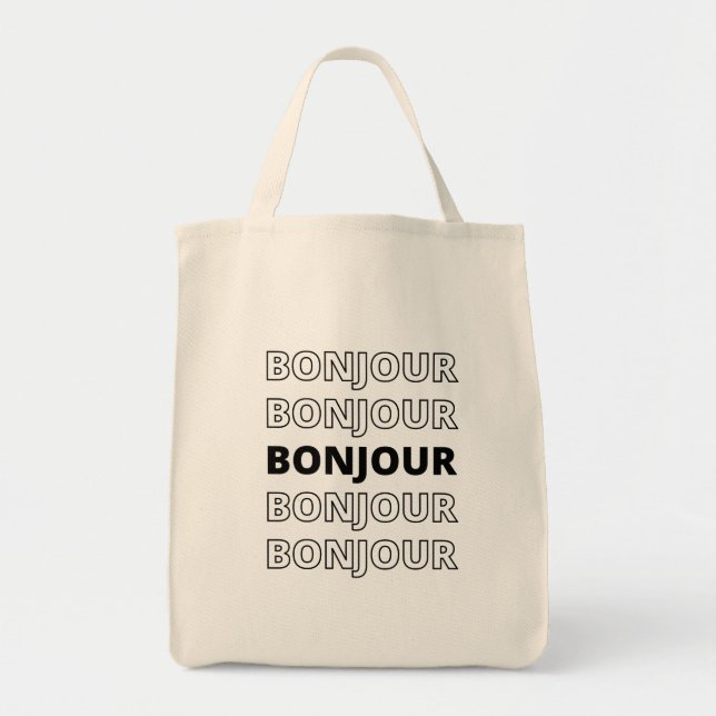 Minimalistisch Hollow Typographic Bonjour Tragetasche (Vorne)