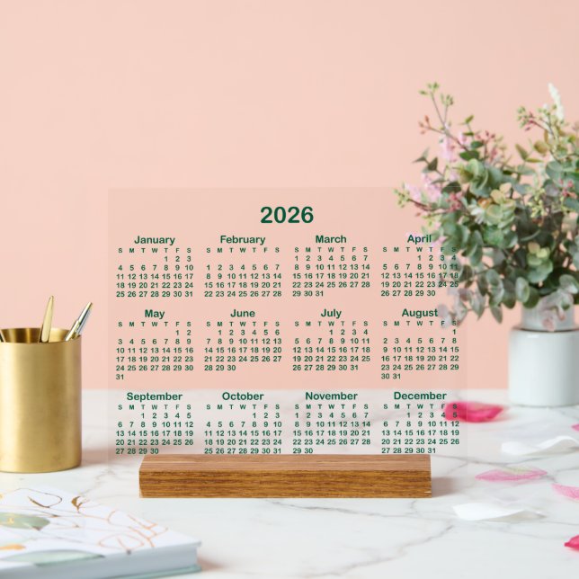 Minimalistisch Hunter Green 2026-Kalender Acrylschild (Hochzeit)