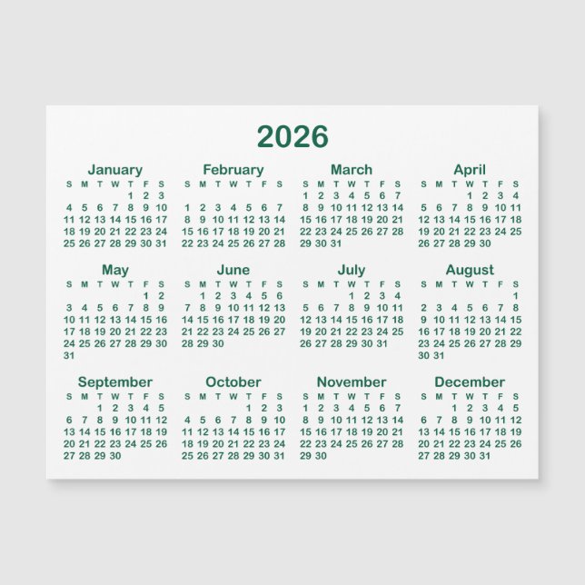 Minimalistisch Hunter Green 2026 Magnetkalender Magnetkarte (Vorderseite)