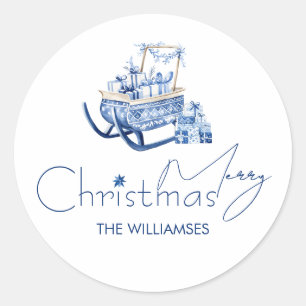 Minimalistisch Hygge Blue Christmas Santa Sleigh Runder Aufkleber