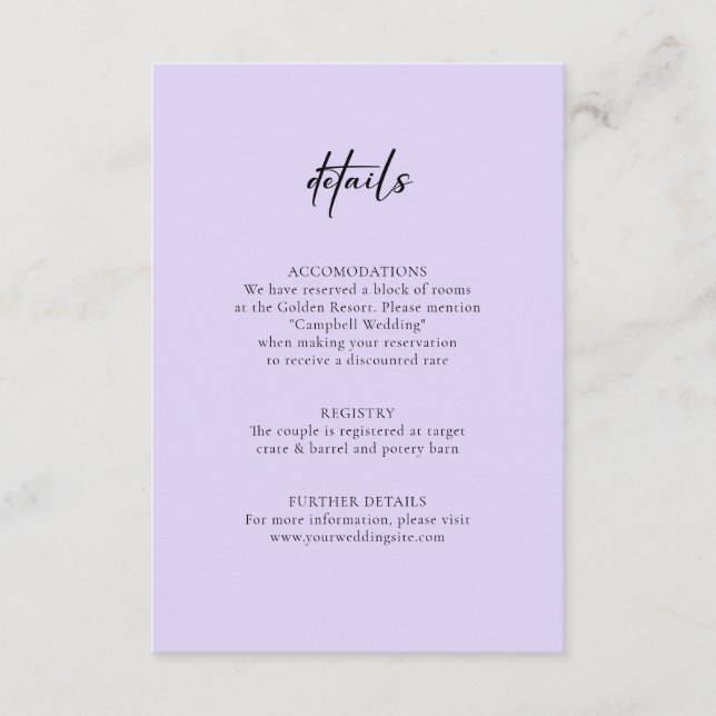 Minimalistisch Lavender Lila DETAILS Info-Hochzeit Begleitkarte (Vorderseite)