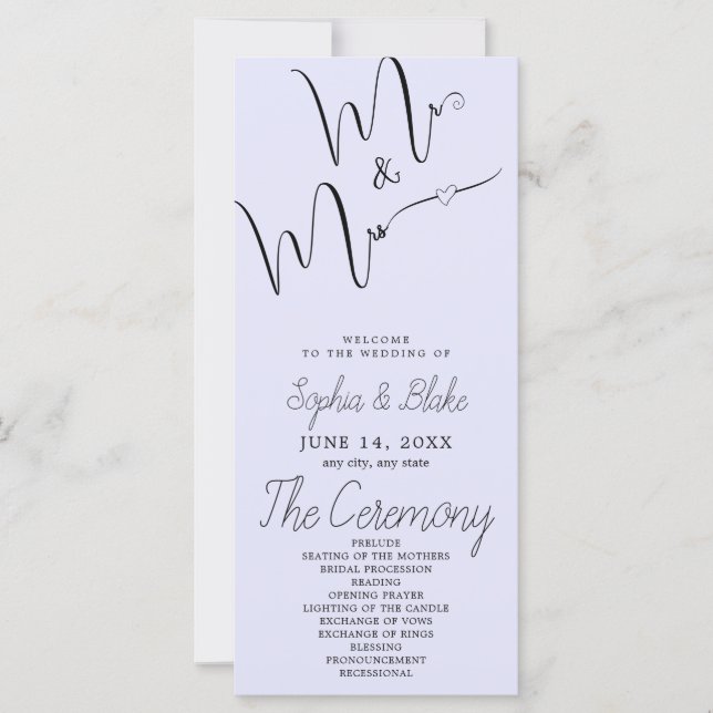 Minimalistisch Lavender Wedding Program (Vorderseite)