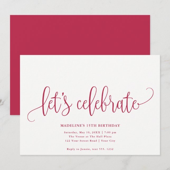 Minimalistisch "Let's Celebrate" Magenta Einladung (Vorne/Hinten)