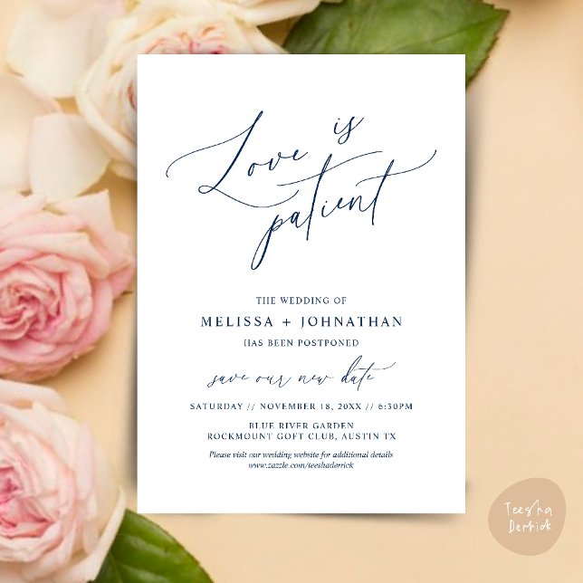 Minimalistisch, Liebe ist Patient, Ändern Sie die  Einladung (Minimalist, Love is patient, Romantic Wedding Change the new date card PDF in Navy Blue)