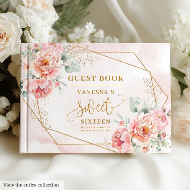 Minimalistisch Light Pink Gold Peonies 16 . Geburt Gästebuch (Minimalist Light Pink Gold Peonies Sweet Sixteen Guest Book)