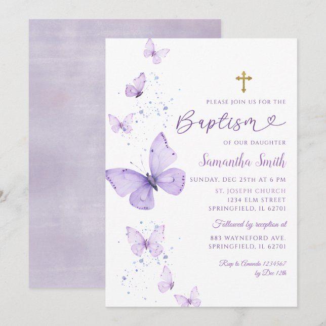 Minimalistisch Lilac Lila Butterfly Girl Baptisse Einladung (Vorne/Hinten)