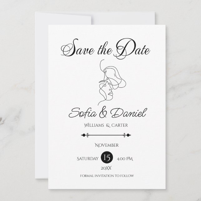 Minimalistisch Line Art Couple Illustration Hochze Save The Date (Vorderseite)