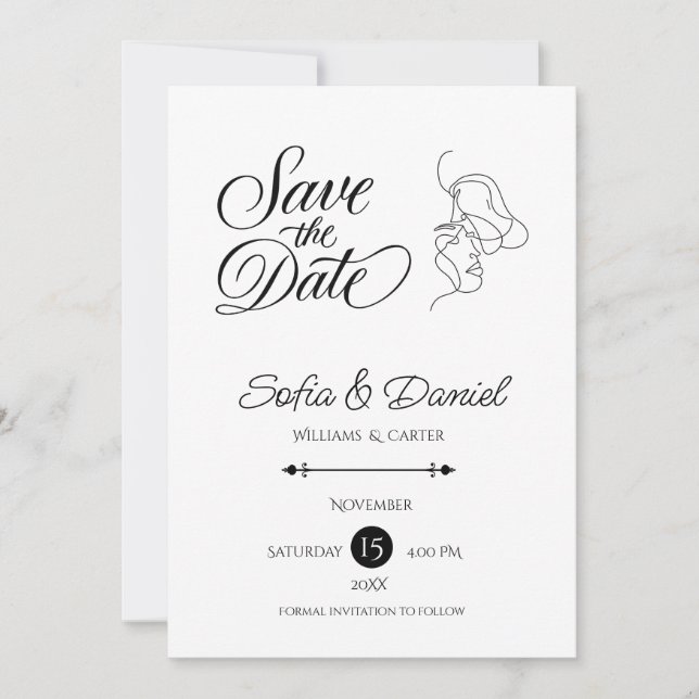 Minimalistisch Line Art Couple Illustration Hochze Save The Date (Vorderseite)